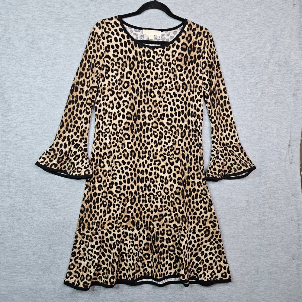 Michael Michael Kors Leopard Print Bell Sleeve Ruffle Hem Dress Women's Sz M